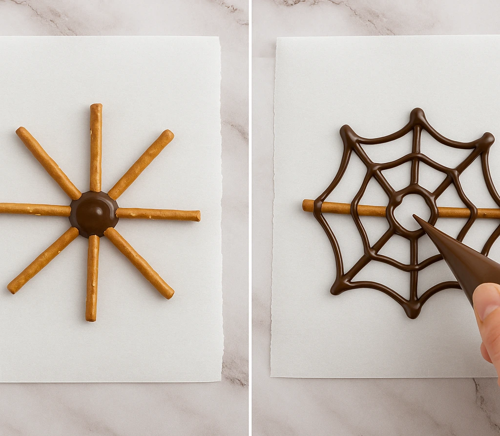 How to Make Chocolate Pretzel Spider Webs steps