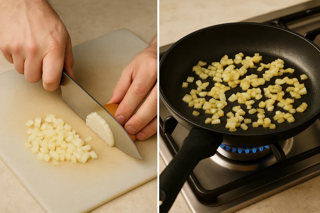 Start by chopping the onion finely and sautéing it until soft and golden to create a flavorful base for your Cranberry Turkey Stuffing Balls.