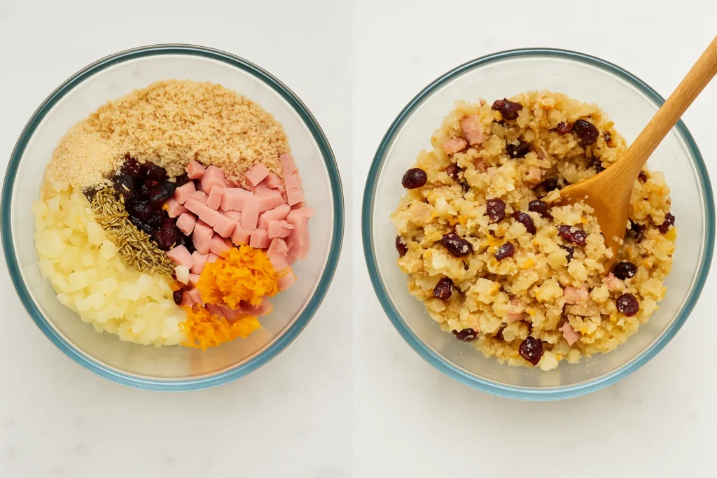 Cooked turkey slices – shredded or finely chopped for easy mixing.
Breadcrumbs – to bind the mixture and create that golden, crisp texture.
Onion – finely diced for sweetness and depth of flavor.
Dried cranberries – for a pop of tart sweetness in every bite.
Egg – helps hold the stuffing balls together while baking.
Orange zest – adds a bright, citrusy aroma that balances the savory turkey.
Dried herbs (thyme and rosemary) – bring warmth and a classic holiday touch.
Garlic powder – enhances the overall savory flavor.
Salt and black pepper – to season the mixture perfectly.