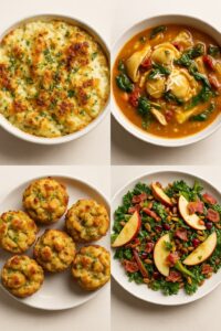 Thanksgiving dishes including cauliflower au gratin, Tuscan ravioli soup, bite-sized stuffing muffins, and a fresh kale apple salad