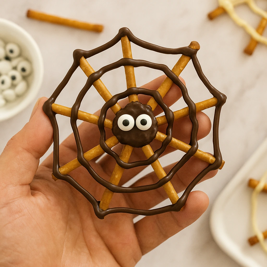 Quick Chocolate Pretzel Spider Webs for Halloween